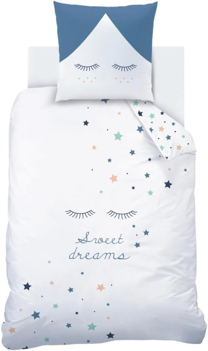 Sterne Mädchen-Bettwäsche Set · Kinderbettwäsche Sweet Dreams · Wende Motiv Wimpern · 2 Teilig - Kissenbezug 80X80 + Bettbezug 135X200 Cm
