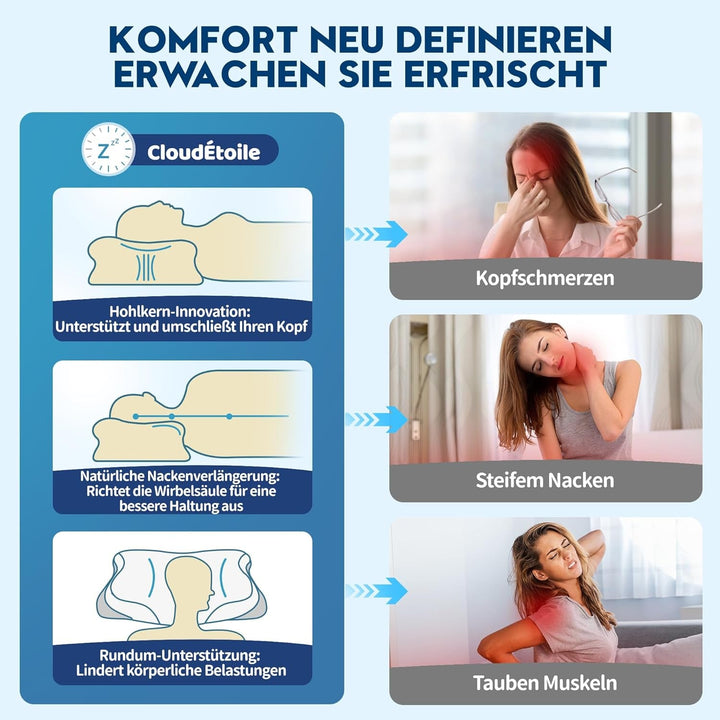 Cloudétoile pernă pentru gât pernă din spumă cu memorie - pernă ortopedică ergonomică 2 în 1 pernă din spumă visco pernă pentru dormit lateral, pernă de susținere a gâtului reglabilă pe înălțime pernă din spumă cu memorie, alb 64X38X12 cm
