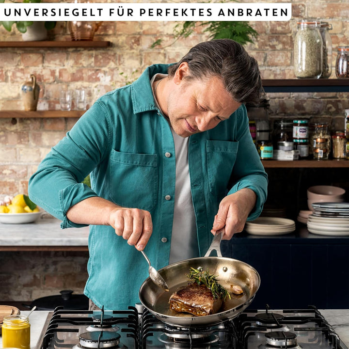 Jamie Oliver by Tefal Cook Smart Bratpfanne 28Cm, Unbeschichteter Edelstahl, Induktionsgeeignet, Thermo-Fusion Boden, Recycelbar, Genieteter Griff, Edelstahl, E3110655