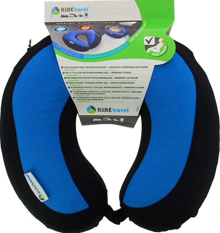 Kine Travel 169803 Pernă de gât cu gel, pernă de călătorie ergonomică, aprobată de fizioterapeut, negru și albastru