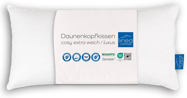 LINEA by Böhmerwald - Cosy - Pernă moale cu 3 camere, 80 X 80, Interior:100% pene, Camere exterioare:90% puf/10% pene, Potrivit pentru alergici, Lavabil până la 60°C, Produs în Germania
