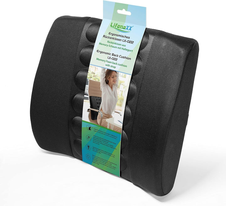 Pernă ergonomică pentru spate pentru mașină, birou, casă - vă susține spatele și corectează postura slabă - pernă lombară din spumă de memorie - suport lombar LX-022, negru