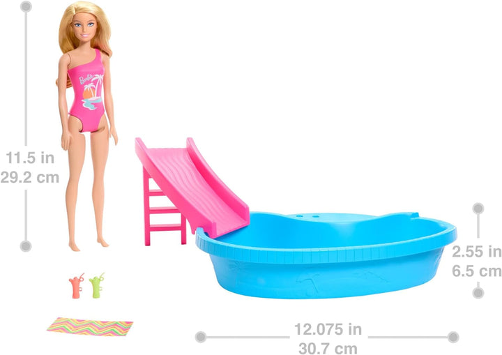 Păpușă Barbie și accesorii - piscină cu tobogan și accesorii pentru ore de distracție la soare, costum de baie roz cu design tropical, pentru copii de la 3 ani, HRJ74